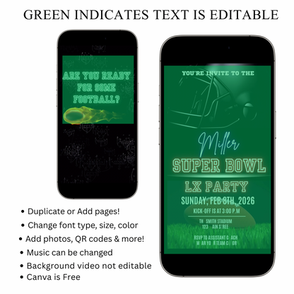 Super Bowl Party Video Invitation | Digital Football Game Day Invite | Editable Online Template