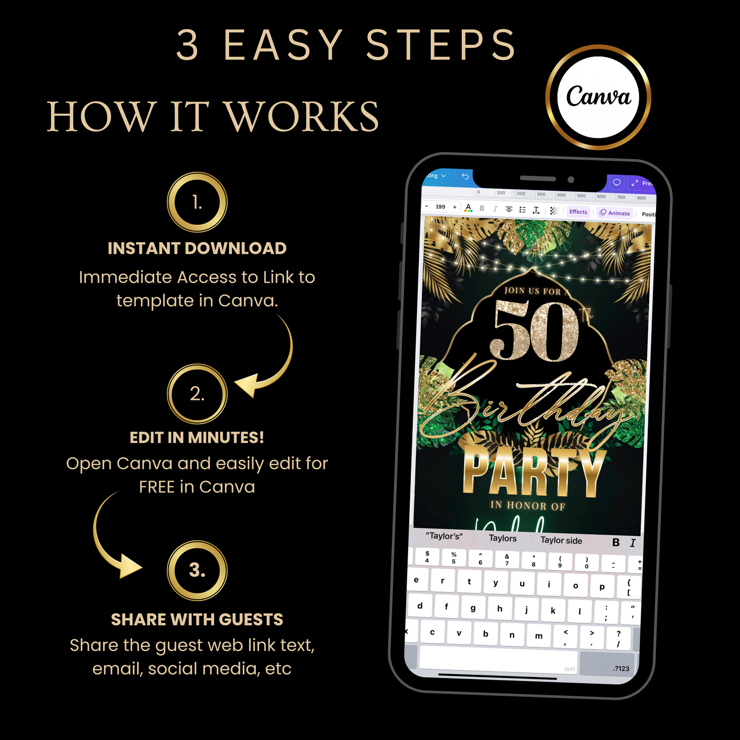 50th Birthday Video Invitation | Digital 50th Safari Leopard Glam Birthday Invite | Editable Canva Party Template