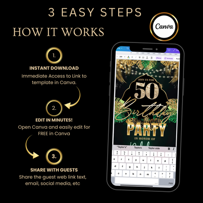 50th Birthday Video Invitation | Digital 50th Safari Leopard Glam Birthday Invite | Editable Canva Party Template
