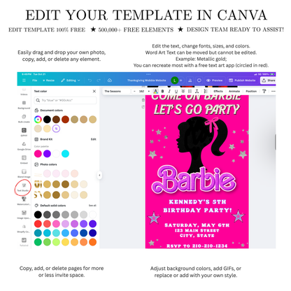 Editable Barbie Video Invitation | Animated Pink Barbie Digital Evite | Editable Canva Invite Template
