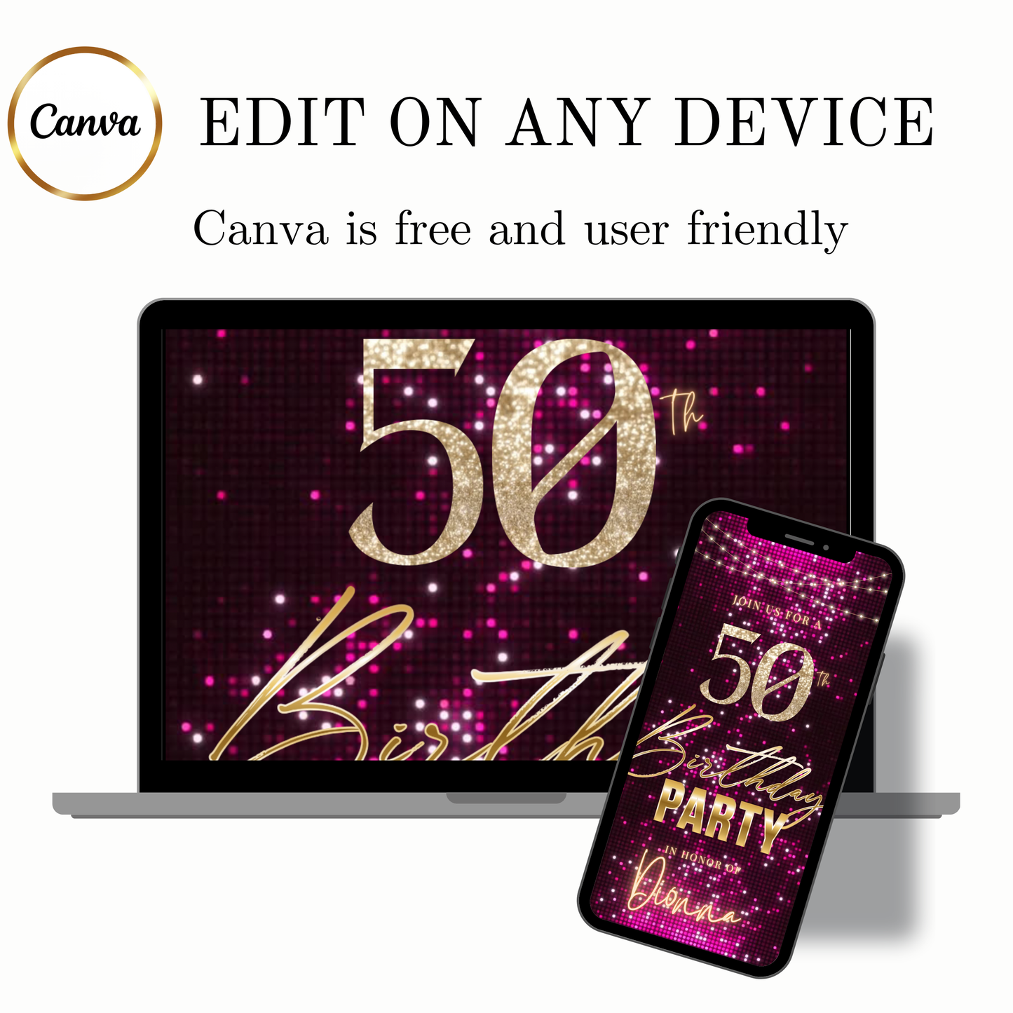 Violet and Gold 50th Birthday Video Invitation –  RSVP tracking website - Editable Canva Animated Invite