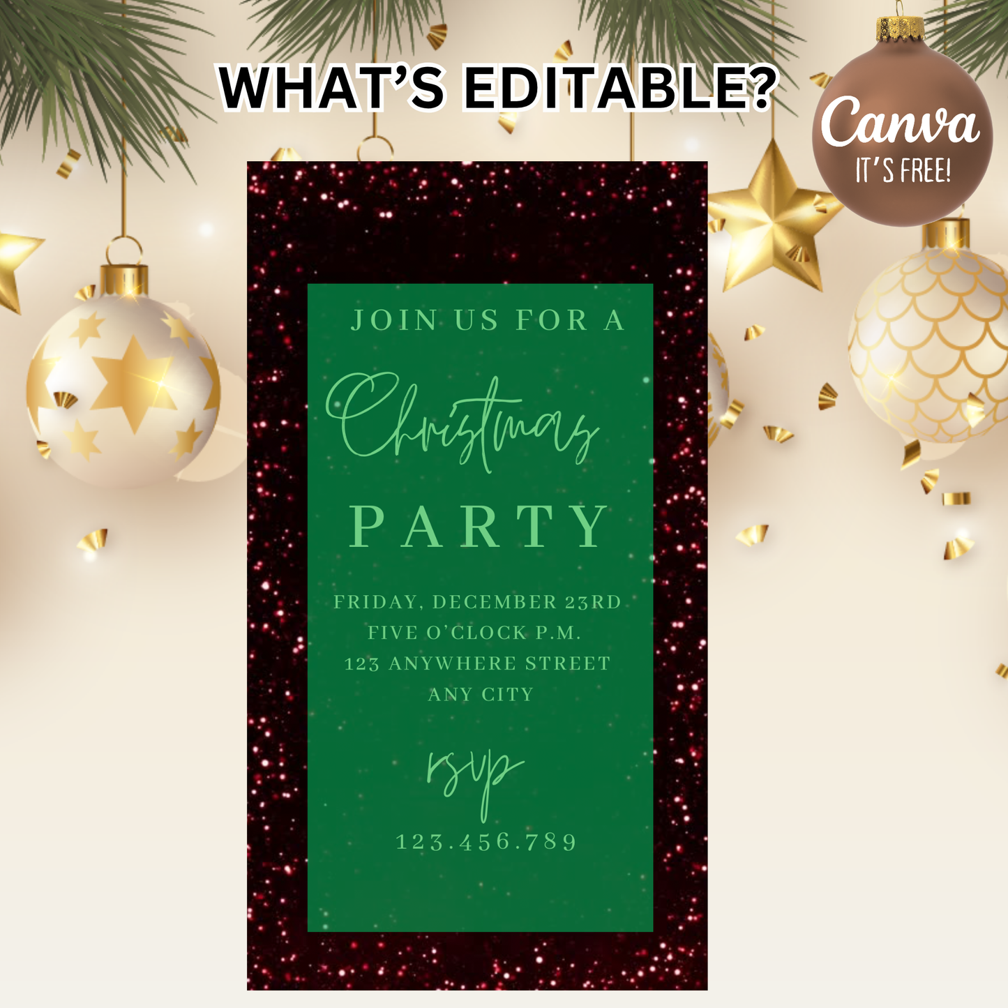 Red Glitter Christmas Party Video Invitation – Editable Red and Gold Elegant Holiday Evite
