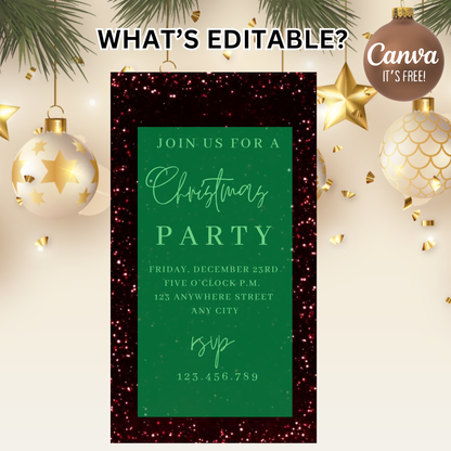Red Glitter Christmas Party Video Invitation – Editable Red and Gold Elegant Holiday Evite