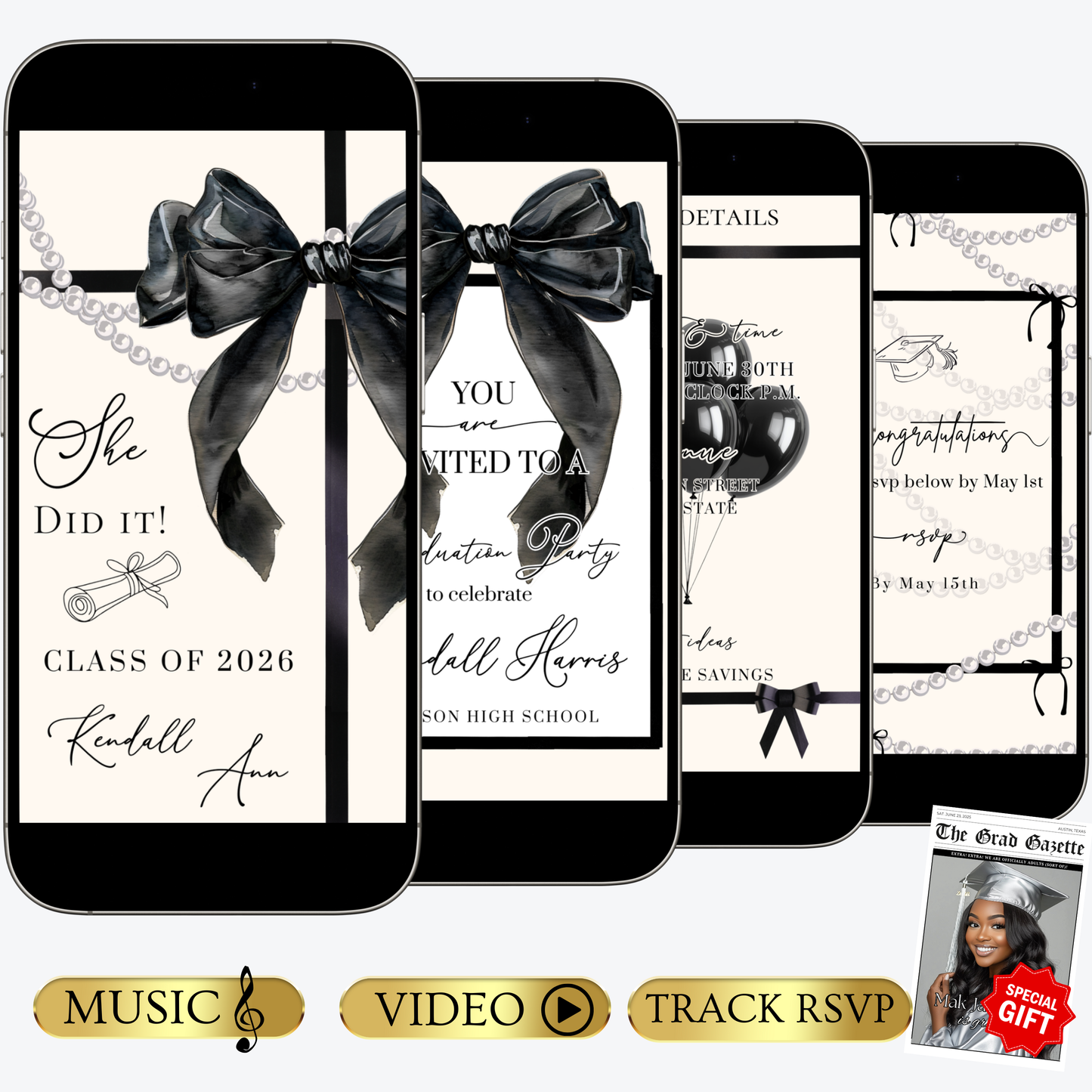 Graduation Party Video Invitation | Cream and Black Bow Graduation Invite for Her | Editable Online RSVP Evite Canva Template