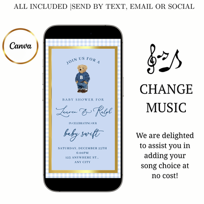 Polo Bear Video Invitation | Digital Preppy Blue Boy Baby Shower RSVP Tracker Invite | Editable Canva Template