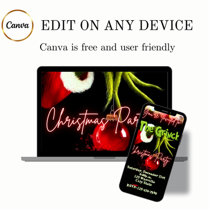 The Grinch Video Invitation | Digital Christmas Invite | Editable Canva Template