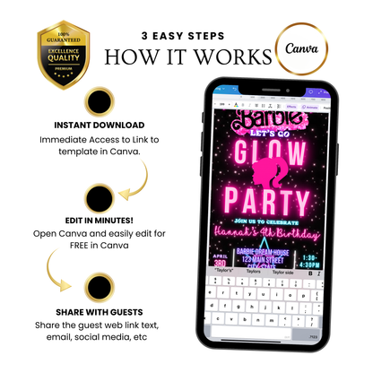 Editable Barbie Video Invitation | Animated Pink Barbie Digital Evite | Editable Canva Invite Template