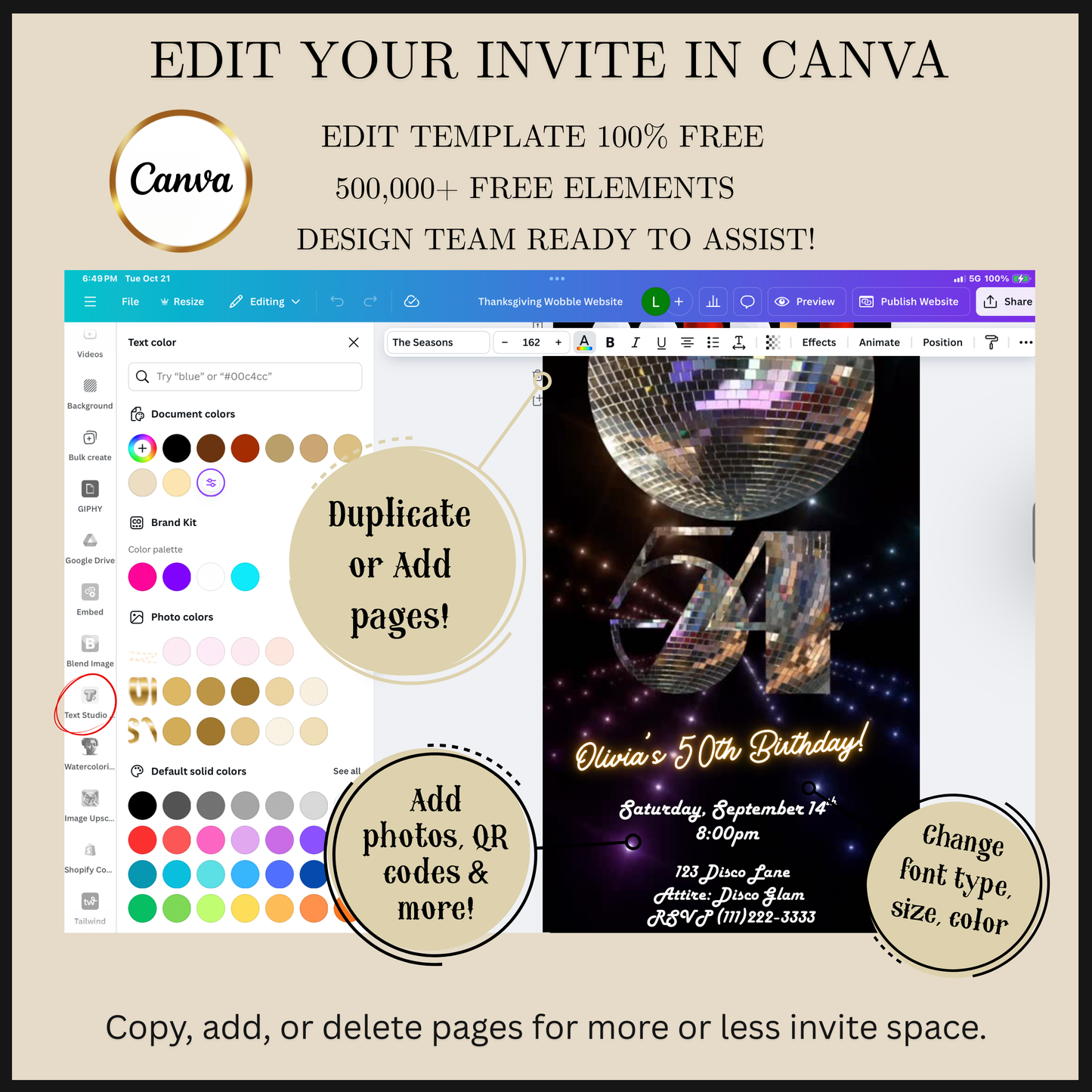 Studio 54 Video Invitation | Animated Disco Birthday Digital Evite | Editable Canva Invite Template