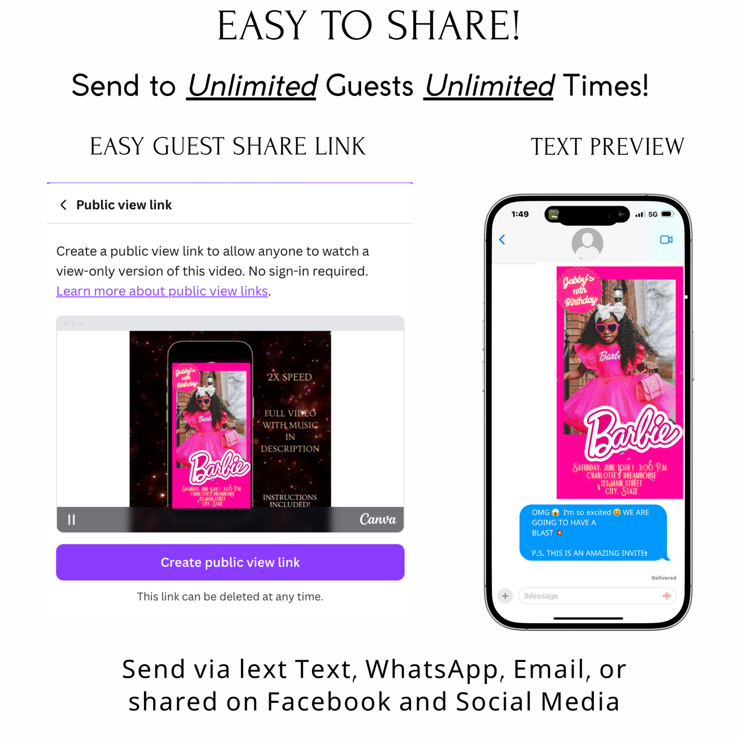 Editable Barbie Video Invitation | Animated Pink Barbie Digital Evite | Editable Canva Invite Template