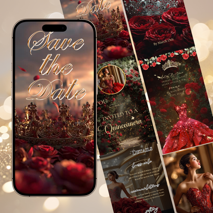 Red Roses Video Invite | Digital Quinceanera Sweet 15 16 Invite | Editable Canva Evite Template
