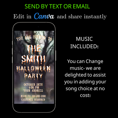 Halloween-Videoeinladung, animierte Einladung zum Spukwald, bearbeitbare mobile Halloween-Party-Einladung