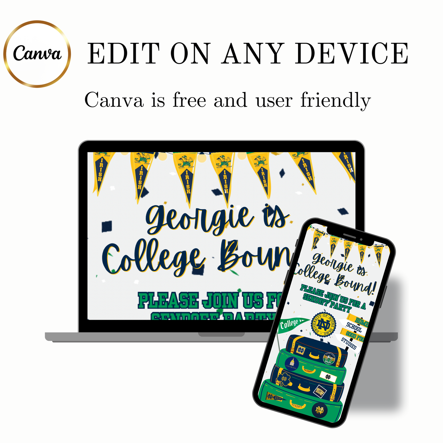 Bearbeitbare Videoeinladung zum Abschied vom Notre Dame College | Fighting Irish Party | E-Einladung zur Abschlussfeier der University of Notre Dame