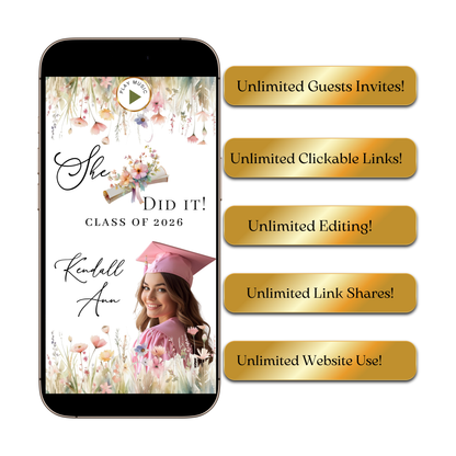 2026 Graduation Website Invitation | Spring Floral Canva Website RSVP Template with Music | Spring Floral for her