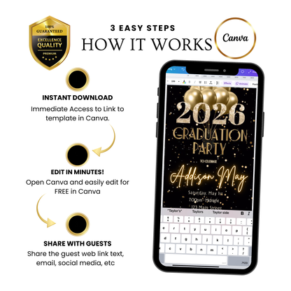 Graduation Party Video Invitation | Black and Gold Graduation RSVP Invite | Editable Online RSVP Evite Canva Template