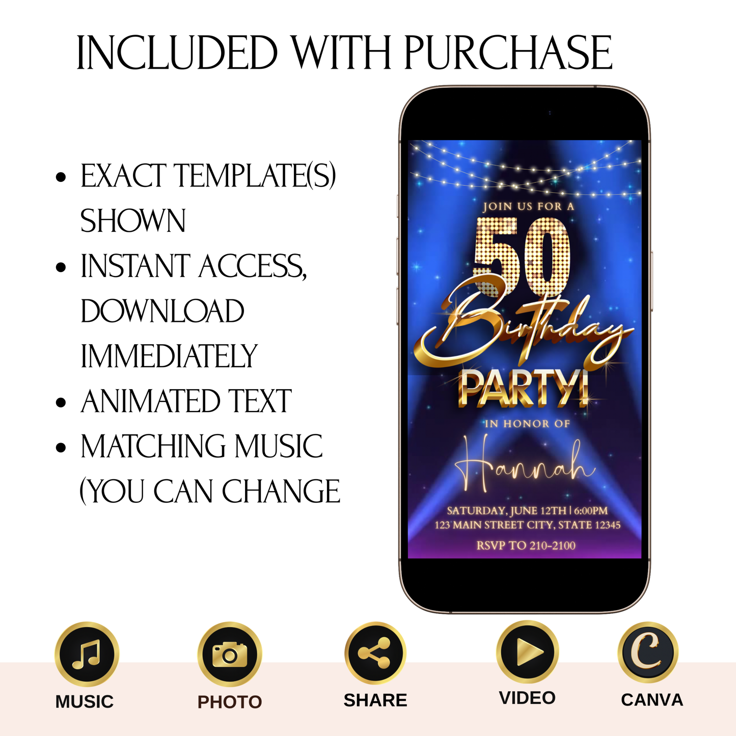 50th Birthday Party Video Invitation | Digital Hollywood Animated Invite | Editable Canva Evite Template