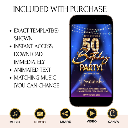 50th Birthday Party Video Invitation | Digital Hollywood Animated Invite | Editable Canva Evite Template