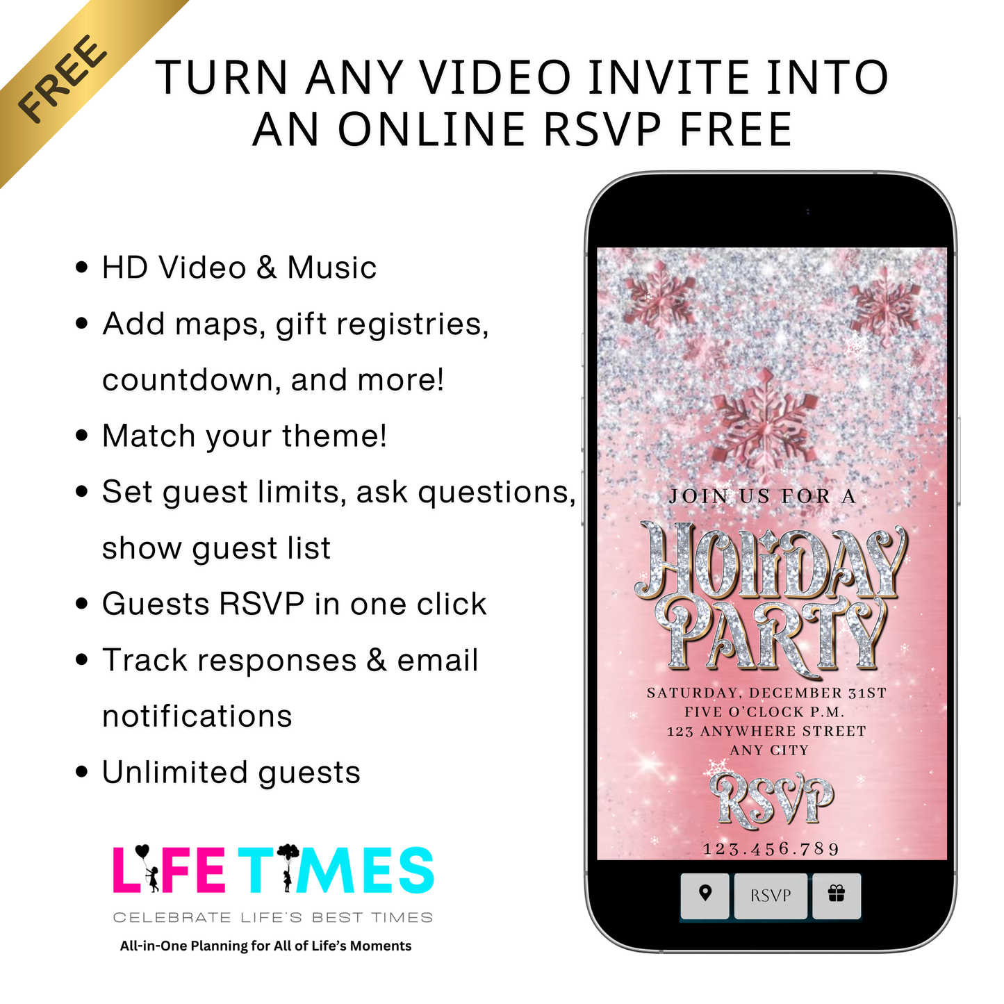 Christmas Party Video Invitation | Animated Pink Holiday Party Digital Evite | Editable Canva Invite Template