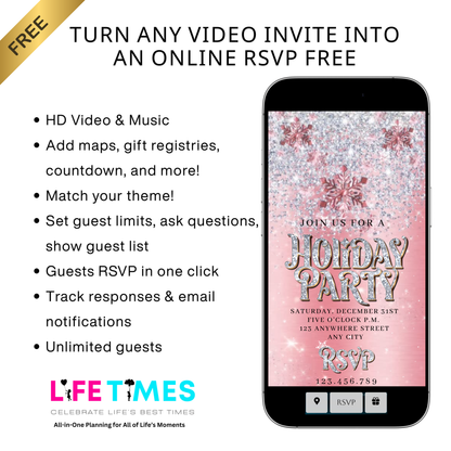 Christmas Party Video Invitation | Animated Pink Holiday Party Digital Evite | Editable Canva Invite Template