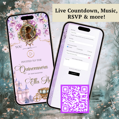 Rapunzel Quinceanera Website Invite |  Sweet 15 16 Evite RSVP Video Invitation | Canva Template