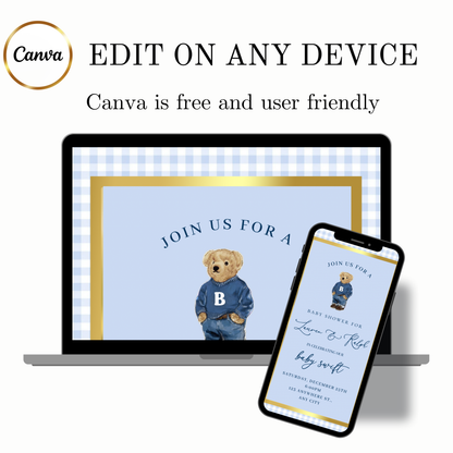 Polo Bear Video Invitation | Digital Preppy Blue Boy Baby Shower RSVP Tracker Invite | Editable Canva Template