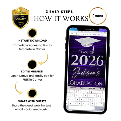 Graduation Party Video Invitation | Class of 2026 Purple and Silver Invite for Him | Editable Online RSVP Evite Canva Template