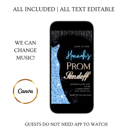 Blue Prom Send Off Video Invitation – Editable Canva Animated Invite
