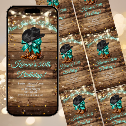 Turquoise Boots and Bling Video Invitation | Rustic Western Theme Digital Evite | Editable Canva Template