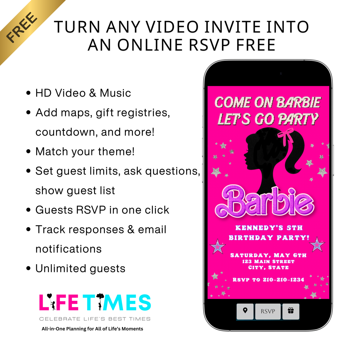 Editable Barbie Video Invitation | Animated Pink Barbie Digital Evite | Editable Canva Invite Template