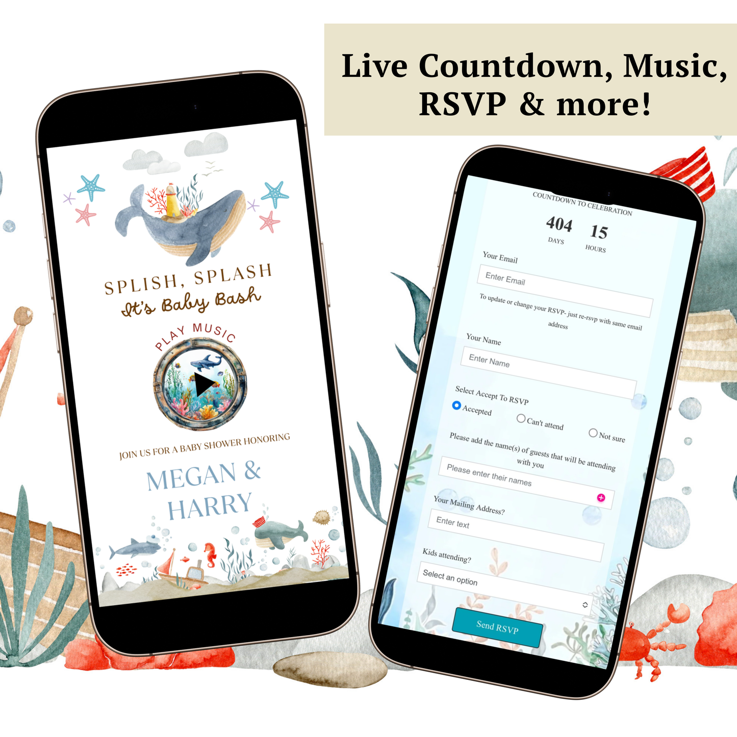 Under the Sea Baby Shower Website with RSVP | Ocean Animal Canva Template Invite