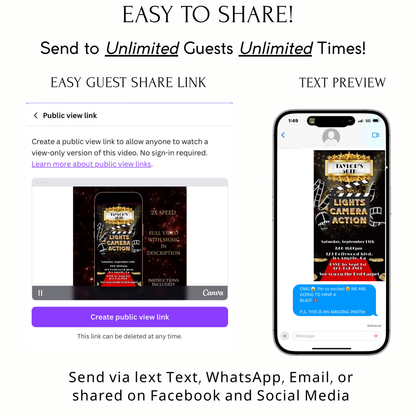 Videoeinladung zum Hollywood-Roten-Teppich-Event | Einladung zur Filmabendparty | Digitale, bearbeitbare Vorlage