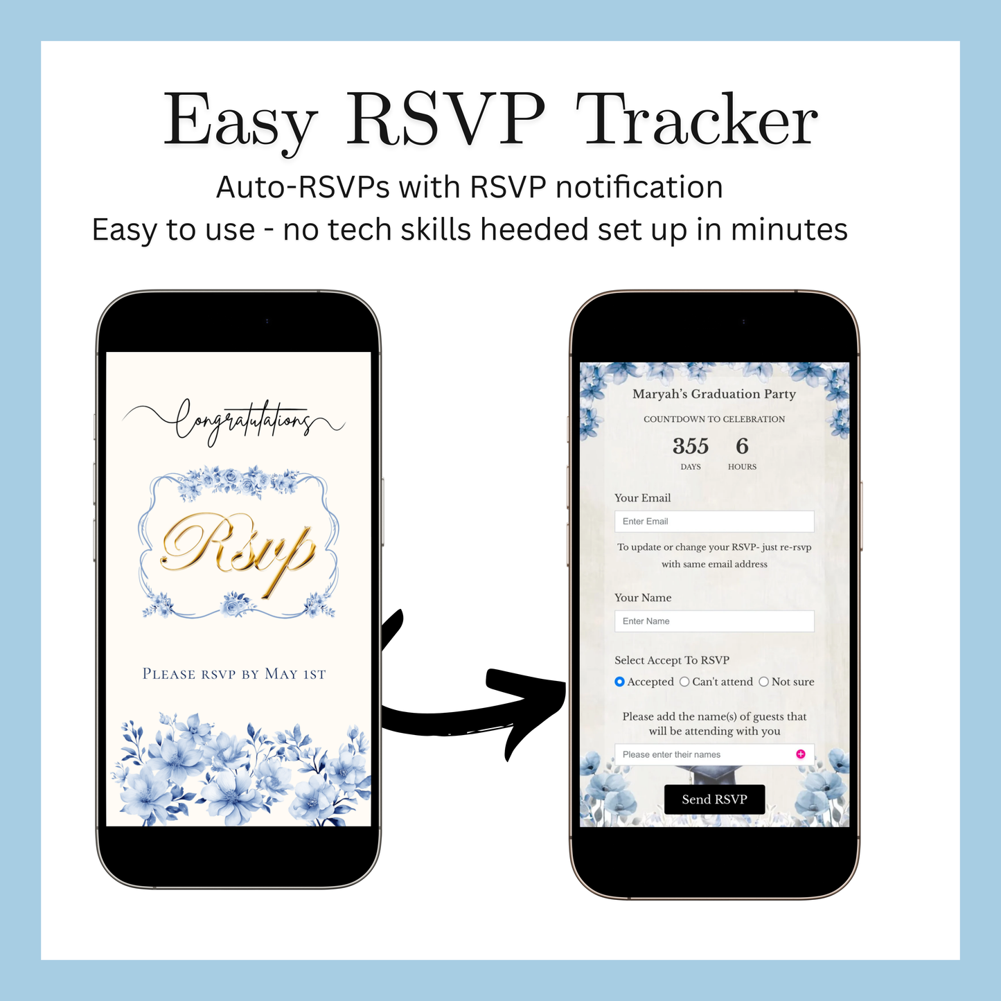 Einladung zur Abschlussfeier 2026 | Canva-Vorlage für Antwortmöglichkeit mit Musik | Blaues Blumenmuster für sie