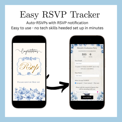 Einladung zur Abschlussfeier 2026 | Canva-Vorlage für Antwortmöglichkeit mit Musik | Blaues Blumenmuster für sie