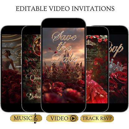 Red Roses Video Invite | Digital Quinceanera Sweet 15 16 Invite | Editable Canva Evite Template