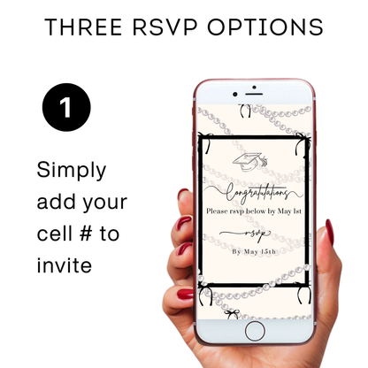 Graduation Party Video Invitation | Cream and Black Bow Graduation Invite for Her | Editable Online RSVP Evite Canva Template