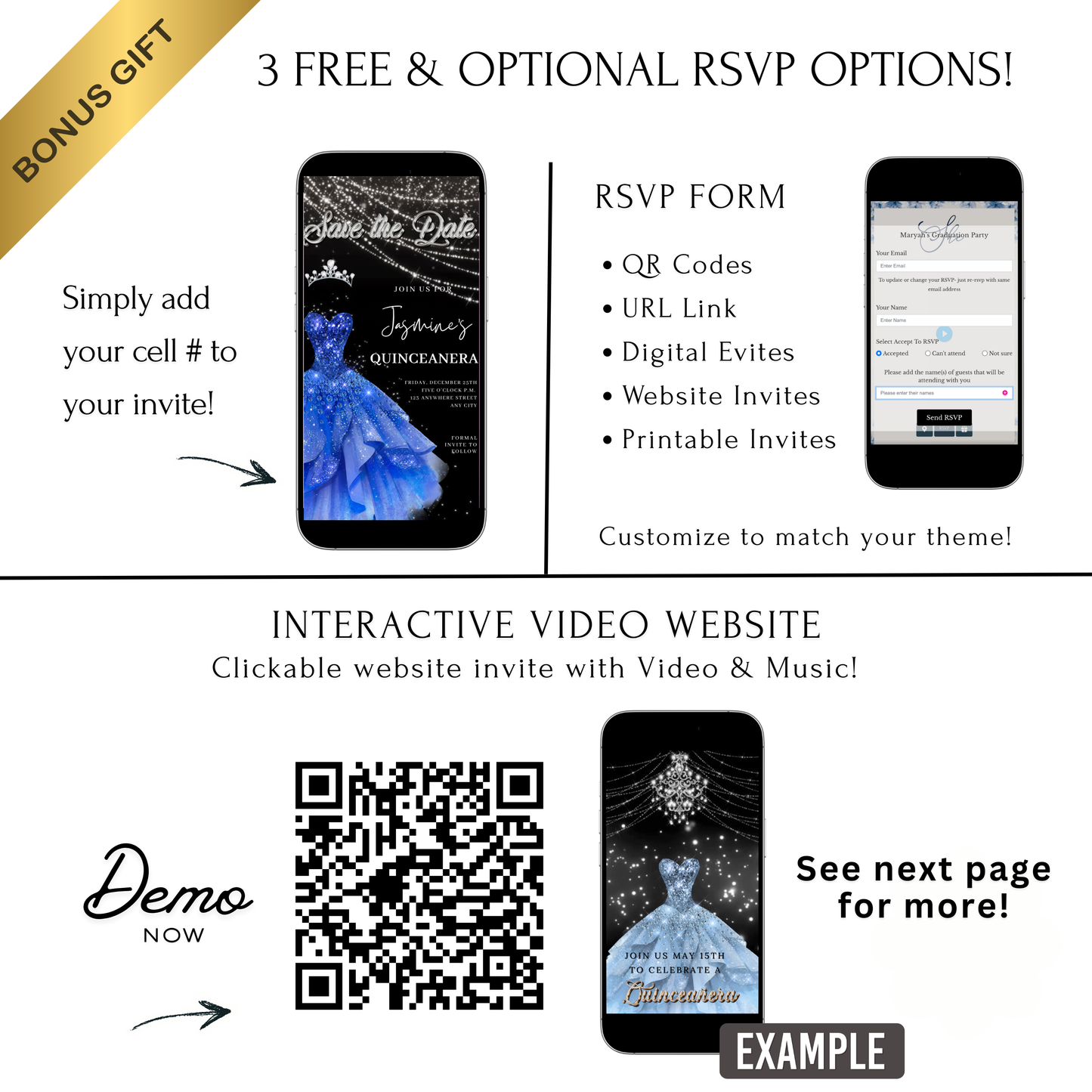 Royal Blue Quinceañera Video Invite | Sweet 15 16 Quince RSVP Tracker | Editable Save the Date Canva Evite Template