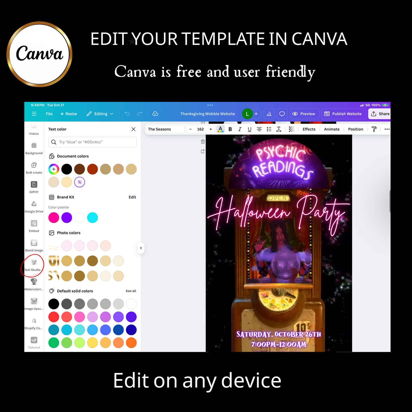 Halloween-Videoeinladung, animierte Einladung mit Wahrsager-Motiv, bearbeitbare mobile Einladung zur Halloween-Party