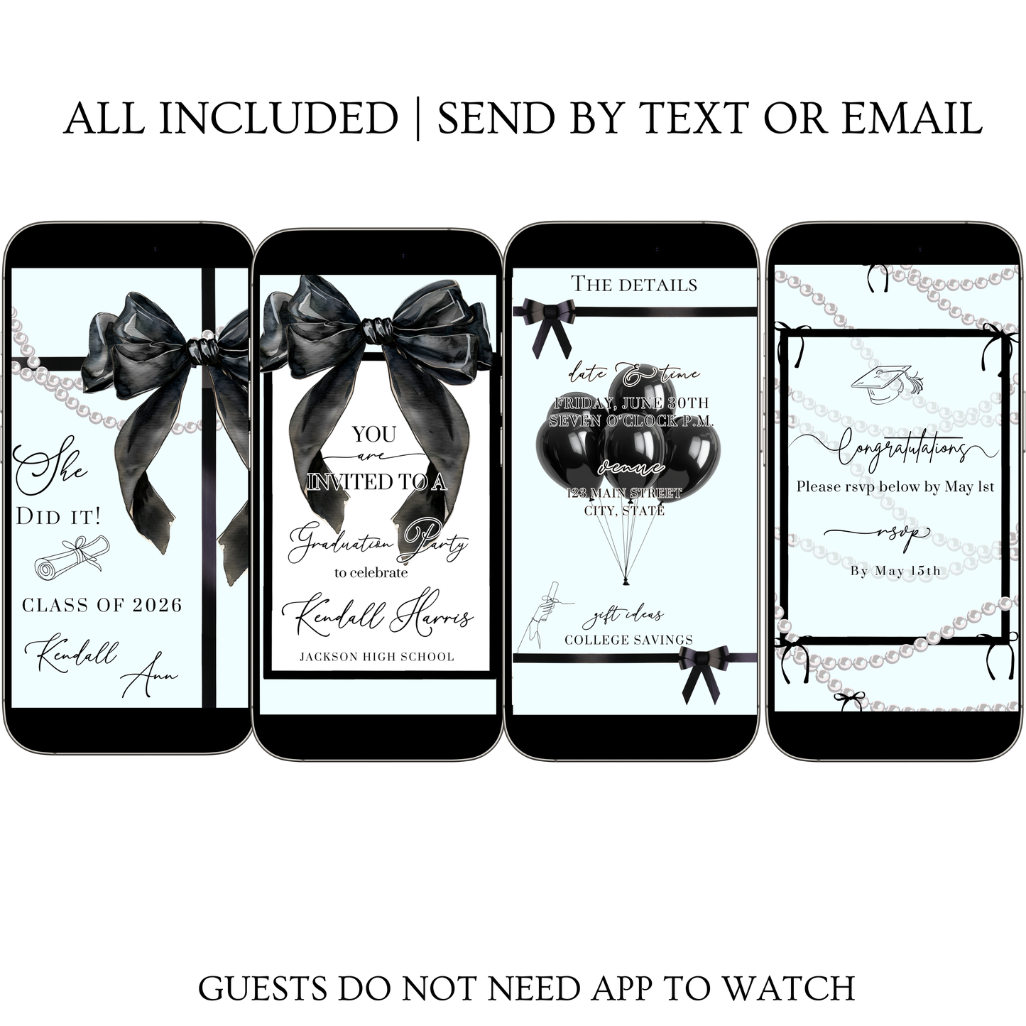 Graduation Party Video Invitation | Light Blue and Black Bow Graduation Invite for Her | Editable Online RSVP Evite Canva Template