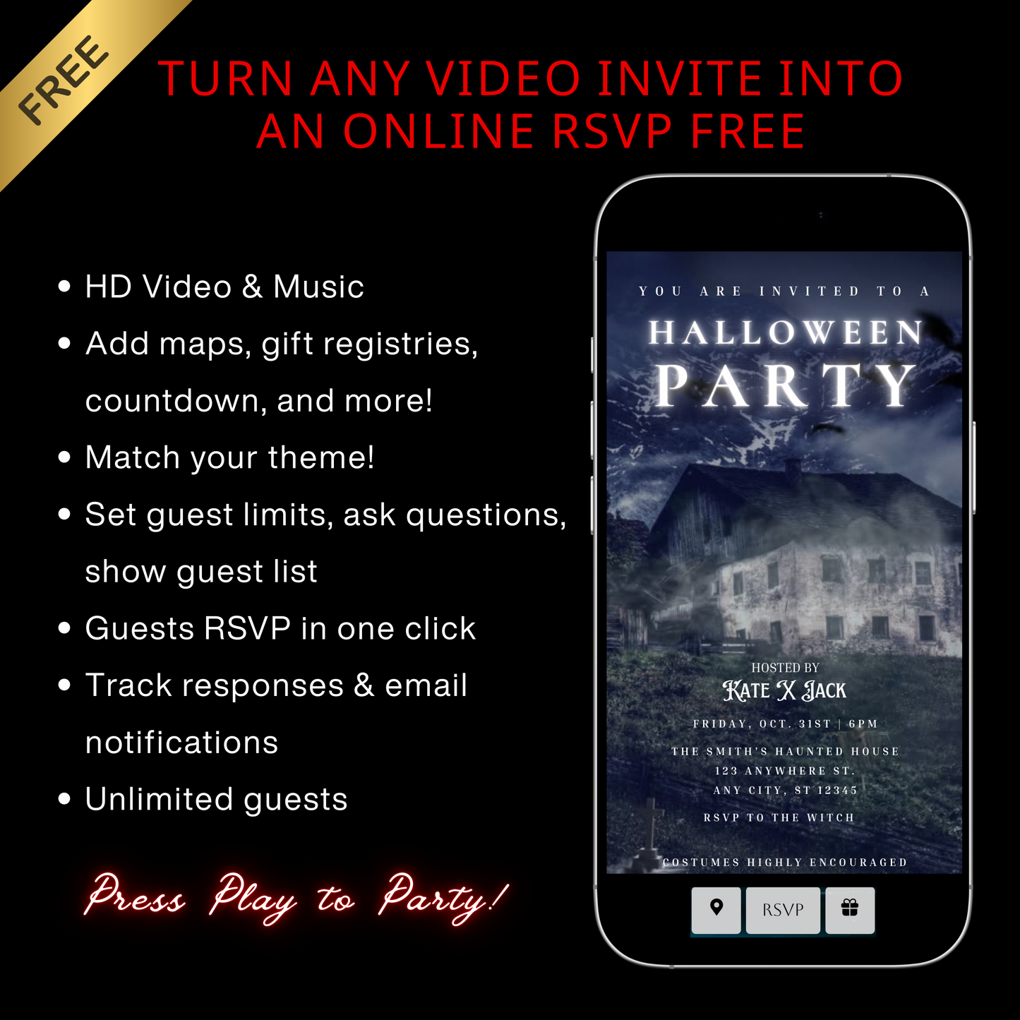 Halloween-Videoeinladung, animierte Einladung zur Spukscheune, bearbeitbare mobile Halloween-Partyeinladung