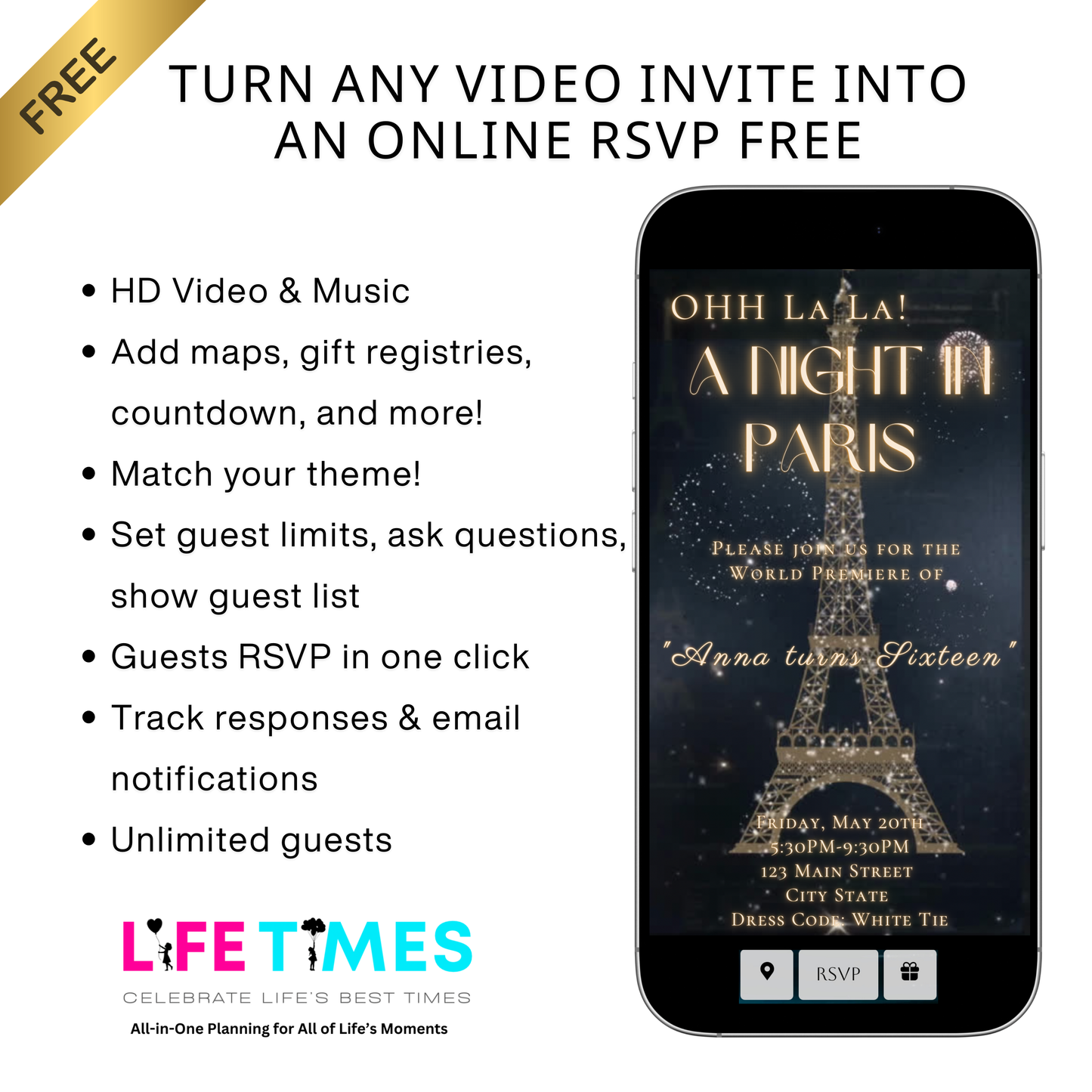 Paris Night Video Invitation| Editable Elegant Birthday Party Evite | Canva Template