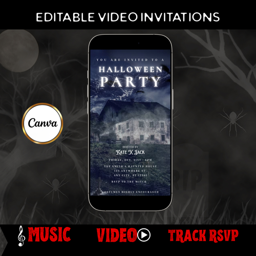 Halloween-Videoeinladung, animierte Einladung zur Spukscheune, bearbeitbare mobile Halloween-Partyeinladung