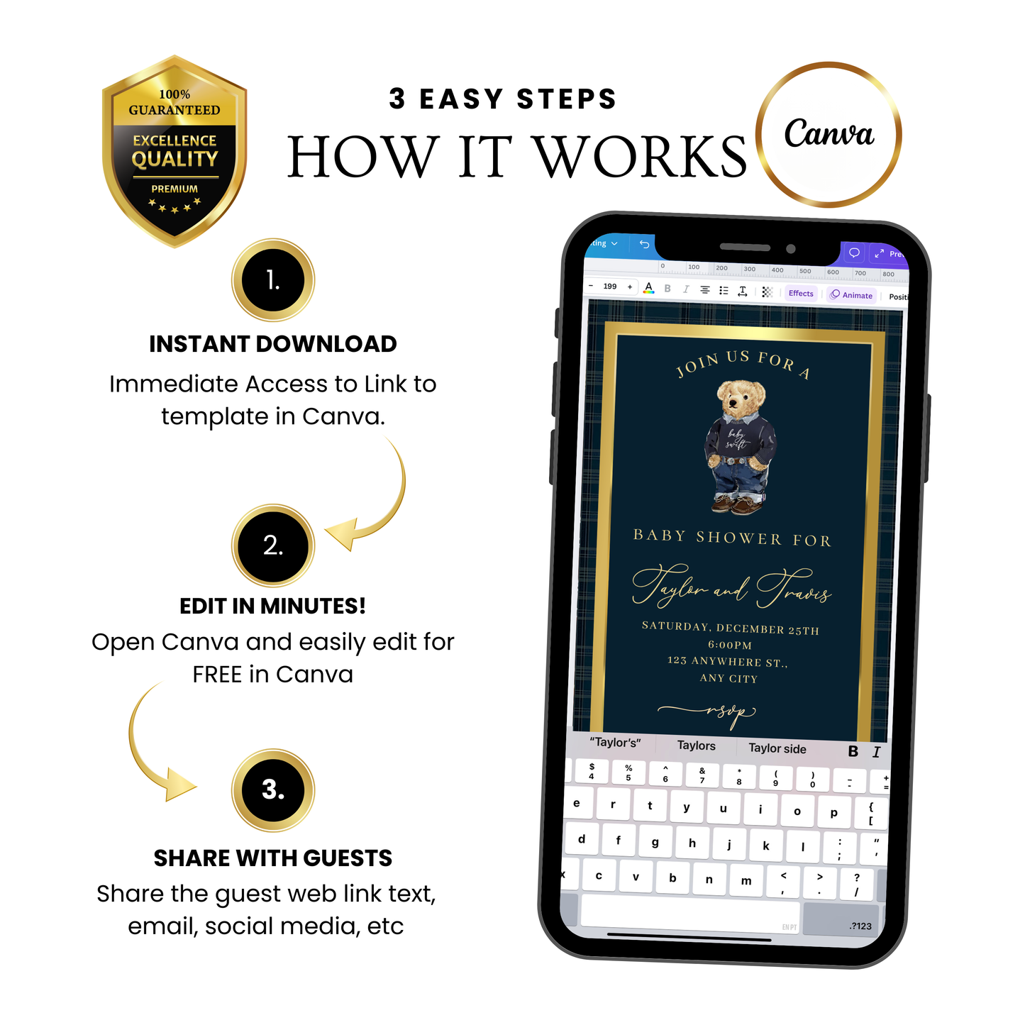 Polo Bear Baby Shower Video Invitation | Digital Preppy Plaid Invite | Editable Canva Template