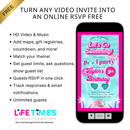 Bearbeitbare Barbie-Videoeinladung | Animierte digitale Einladung zur Barbie-Poolparty | Bearbeitbare Canva-Einladungsvorlage