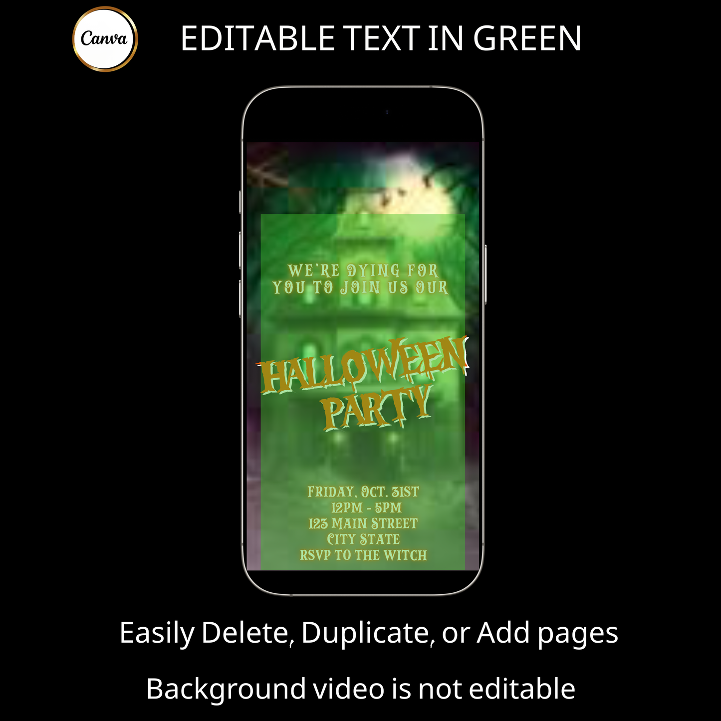 Halloween-Videoeinladung, animierte Einladung zum Spukhaus, bearbeitbare mobile Halloween-Partyeinladung