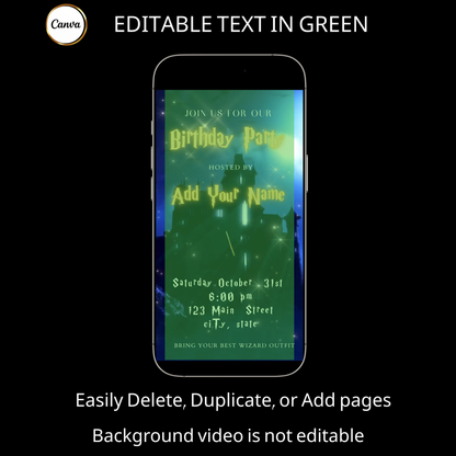 Halloween-Videoeinladung, animierte Harry-Potter-Einladung, bearbeitbare mobile Halloween-Party-Einladung