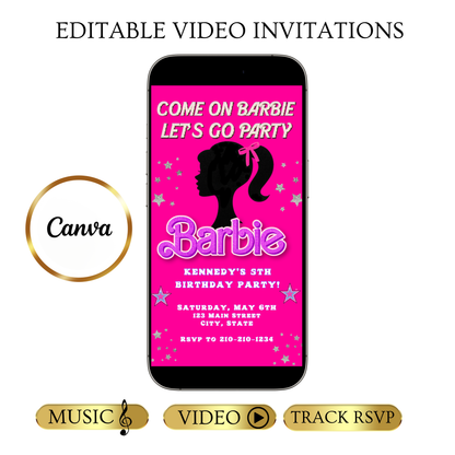 Editable Barbie Video Invitation | Animated Pink Barbie Digital Evite | Editable Canva Invite Template