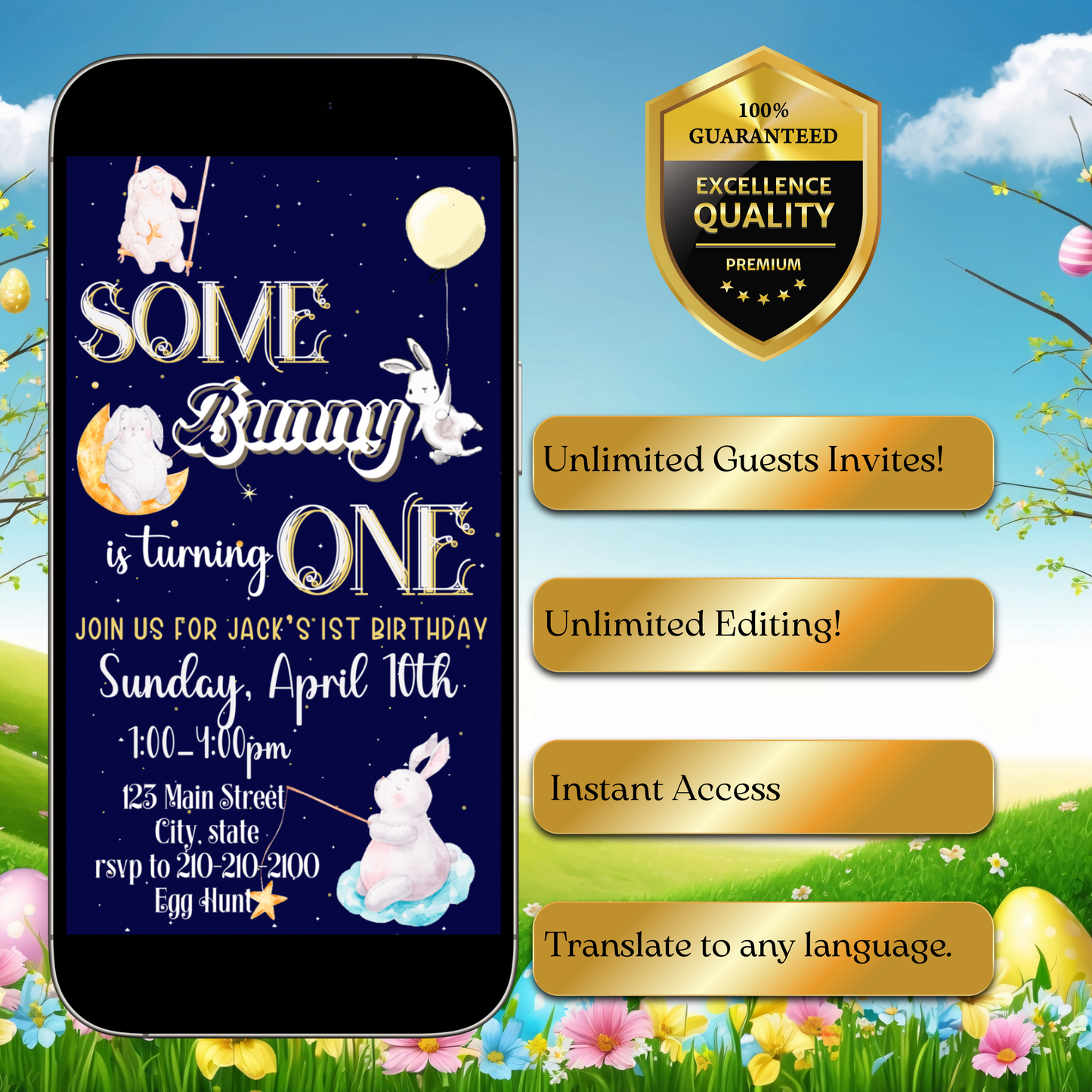 Digitale Ostereinladung, animierte Einladung zum Ostergeburtstag, digitale Vorlage „Ein Hase liebt dich“, digitale Einladung zur Babyparty mit Hasenmotiv, Canva-Vorlage