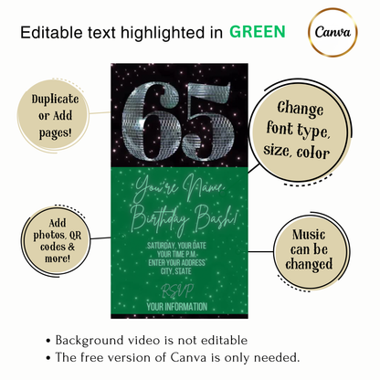 65th Birthday Disco Video Invitation | Digital Retro Party Invite | Editable Canva Template