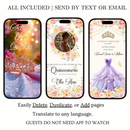Pink Quinceanera Video Invite | Spring Sweet 15 Quince Invite | Editable Canva Evite Template
