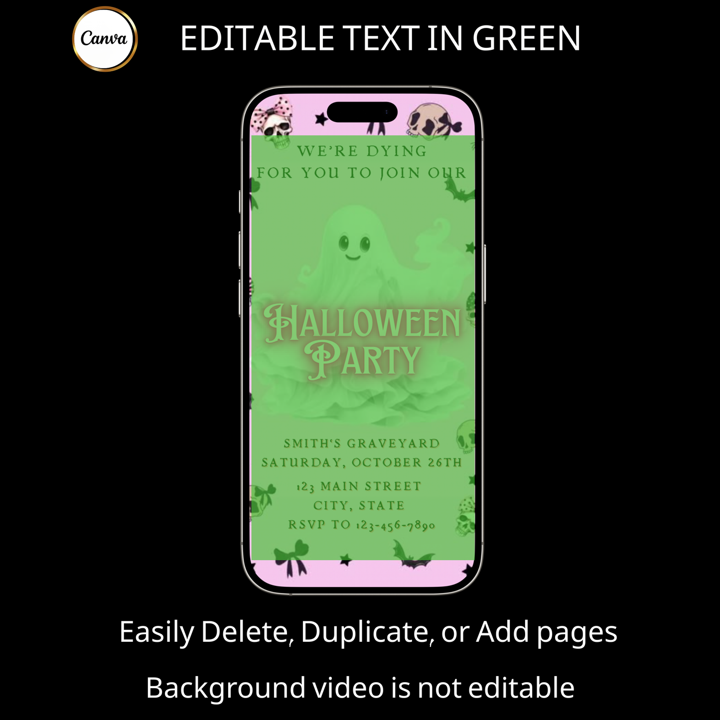 Halloween Video Invitation, Pink Ghost Animated Invite, Editable Halloween Party Mobile Evite