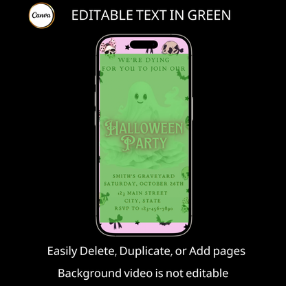 Halloween Video Invitation, Pink Ghost Animated Invite, Editable Halloween Party Mobile Evite